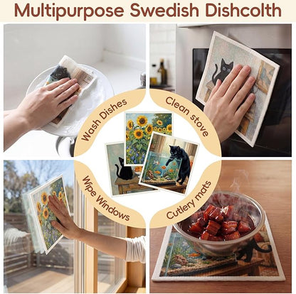 Tegeme 12 Pack Sweden Dishcloths 6 Patterns Super Absorbent Reusable Quick-Drying Washable Sponge Cloths for Kitchen Dishwashing Counters Household Cleaning Durable(Black Cat)