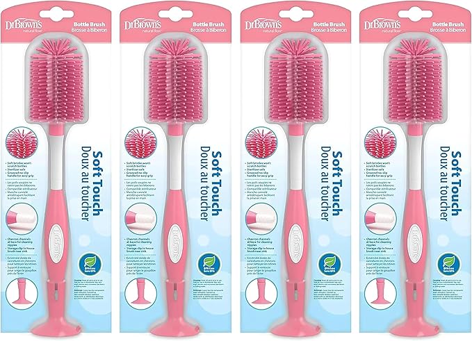 Dr. Brown's Soft Touch No Scratch Baby Bottle Cleaning Brush, Nipple Cleaner & Suction Cup Base for Easy Storage, BPA Free, Pink, 4 Pack
