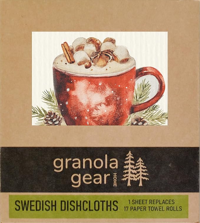 Home by GranolaGear-Christmas Swedish Dishcloths for Kitchen 6-Pack Reusable Paper Towels, Eco-Friendly, Compostable, Biodegradable Dish Wash Cloths, Washable Sponge, Winter Holiday Art-Hot Cocoa Bar