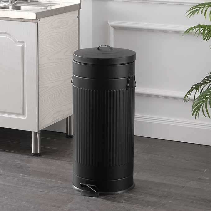happimess HPM1018B Theo Retro 8-Gallon Step Trash Can with Soft-Close Lid and Free Mini Trash Can for Home, Kitchen, Bathroom, Living Room, Office, Charcoal Black