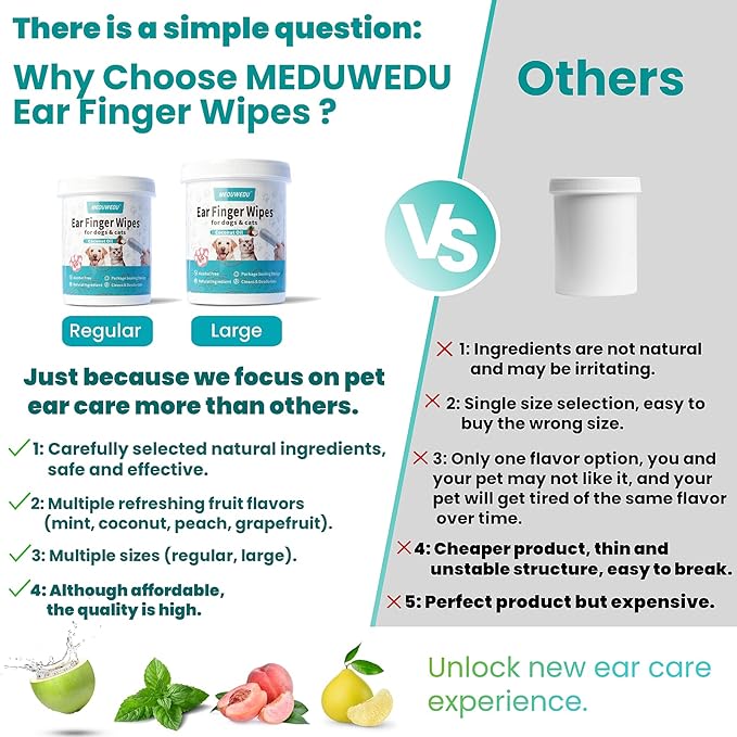 MEDUWEDU Ear Cleaner Finger Wipes 60 Counts, Dog Ear Cleaner,Soft & Easy Otic Cleaning Pads, Remove Wax, Dirt & Stop Smelly, Itchy, Non-Irritating, Grapefruit Scent