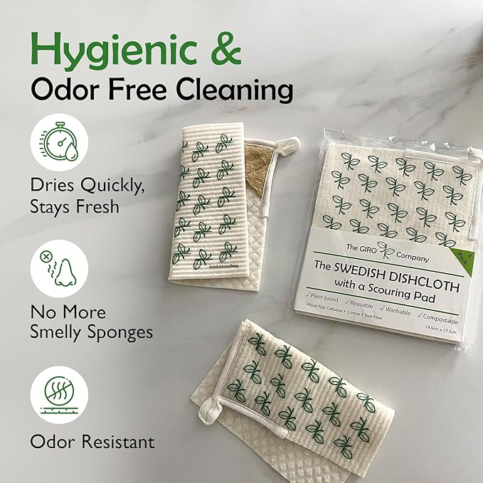 Swedish Dishcloths with Scouring Corner (4 Pack) – Reusable Paper Towel Alternative | Machine Washable Cellulose Sponge Cloths | Eco-Friendly, Biodegradable Kitchen Cleaning Cloths | OEKO-TEX Cert