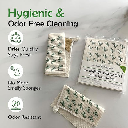 Swedish Dishcloths with Scouring Corner (4 Pack) – Reusable Paper Towel Alternative | Machine Washable Cellulose Sponge Cloths | Eco-Friendly, Biodegradable Kitchen Cleaning Cloths | OEKO-TEX Cert