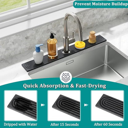 Stone Faucet Mat for Kitchen Sink - Quick Dry Diatomite Sink Splash Guard, Prevents Moisture Buildup & Water Stains, Water Absorbing Stone Tray for Bathroom Countertop (Dark Gray, 20" x 4")