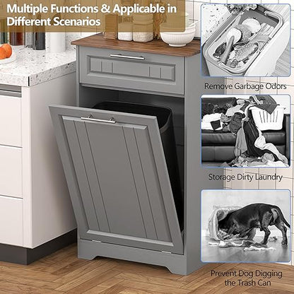 Single 10 Gallon Tilt Out Trash Can Cabinet with Deodorizing Function, Wooden Hidden Garbage Can Holder with Storage Drawers for Kitchen and Dining Room, Laundry Hamper Cabinet for Bathroom, Grey