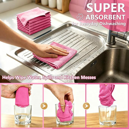 Kitchen Dish Cloths, 12 Pack, 10 x 10 Inches, Soft Absorbent Dish Towels, Lint Free Reusable Dish Rags for Dishwashing, Drying and Daily Cleanup, Hot Pink