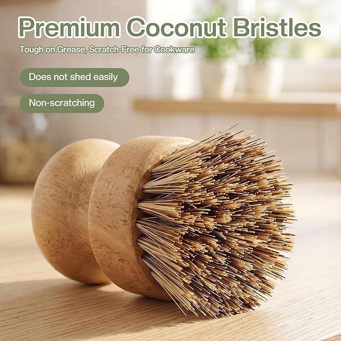 Wooden Dish Brush with Metal Stand Handheld Bamboo Wok Brush Scrubber for Dishes Pans Pots Fruit and Veggie Washing(1,Beige Brown)