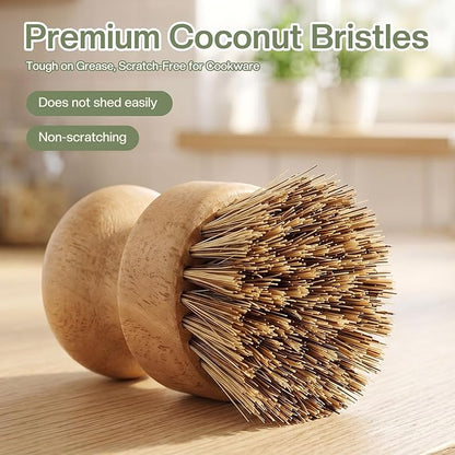 Wooden Dish Brush with Metal Stand Handheld Bamboo Wok Brush Scrubber for Dishes Pans Pots Fruit and Veggie Washing(1,Beige Brown)