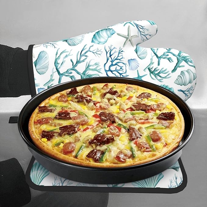 Nautical Oven Mitts and Pot Holders Sets Coastal Kitchen Mitts Potholders 2PCS Summer Starfish Seashell Coral Beach Oven Gloves Hot Pads for BBQ Grilling