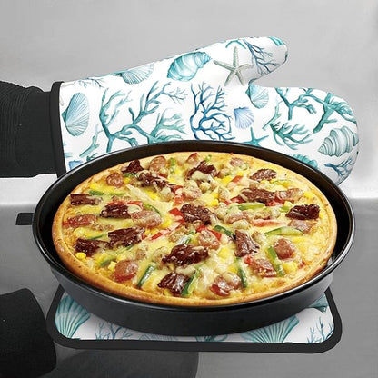 Nautical Oven Mitts and Pot Holders Sets Coastal Kitchen Mitts Potholders 2PCS Summer Starfish Seashell Coral Beach Oven Gloves Hot Pads for BBQ Grilling