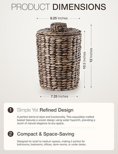 Tidita 2 Gallons Wicker Waste Basket - Water Hyacinth Bathroom Trash Can - Garbage Can with Lid Boho Style - Wicker Trash Can with Lid for Bedroom, Kitchen - Removable Liner, Handwoven (Black Color)