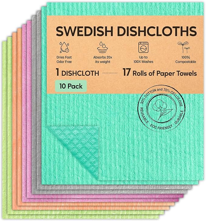 Swedish Dishcloths for Kitchen, 10 Pack Swedish Dish Cloths, Ultra Absorbent Reusable Paper Towels, Cellulose Sponge Cloths, Quick Drying, No Odor, Dishwasher Safe
