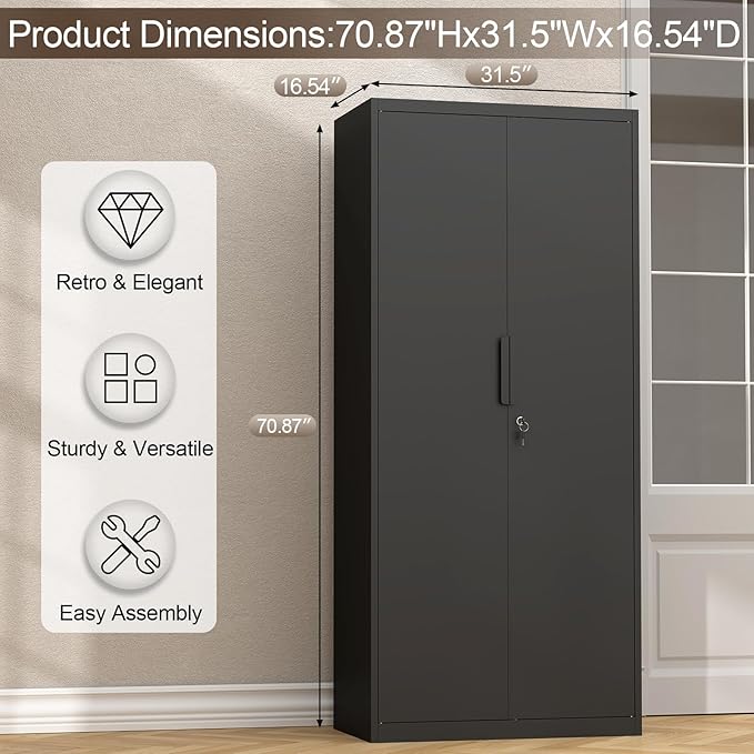 GREATMEET Metal Garage Storage Cabinet, Black Lockable Storage Cabinets with Doors and Shelves,Utility Cabinet for Shop Home Office Garage