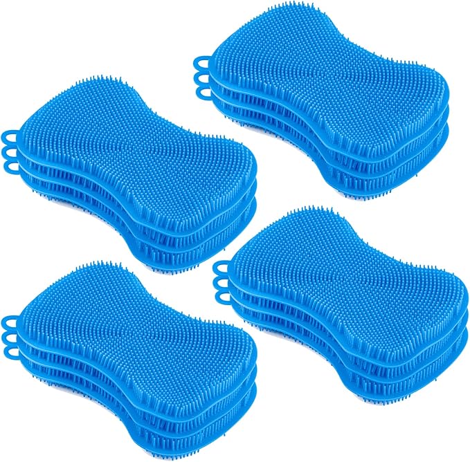 Silicone Heat Resistant Dishwasher Sponge, Fruit Cleaner, Vegetable Washer, Non Scratch Durable Bristles, Blue 3-Pack (12)