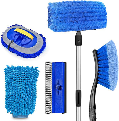 ARTIPOLY 65'' Five-Sided Car Wash Brush with Long Handle, Scratch-Free Car Cleaning Kit with Soft Wash Brush, Tire Brush, Window Squeegee, Car Wash Mitt, Microfiber Cleaning Head & Extension Pole