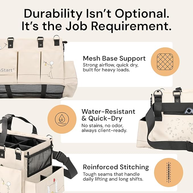 Multiuse Cleaning Caddy - Adjustable Straps & Caddy Organizer with Handle - Mesh Base & 9 Pockets Organizer Bag - 5 Dividers & Washable Fabric Cleaning Tote (beige, XL)