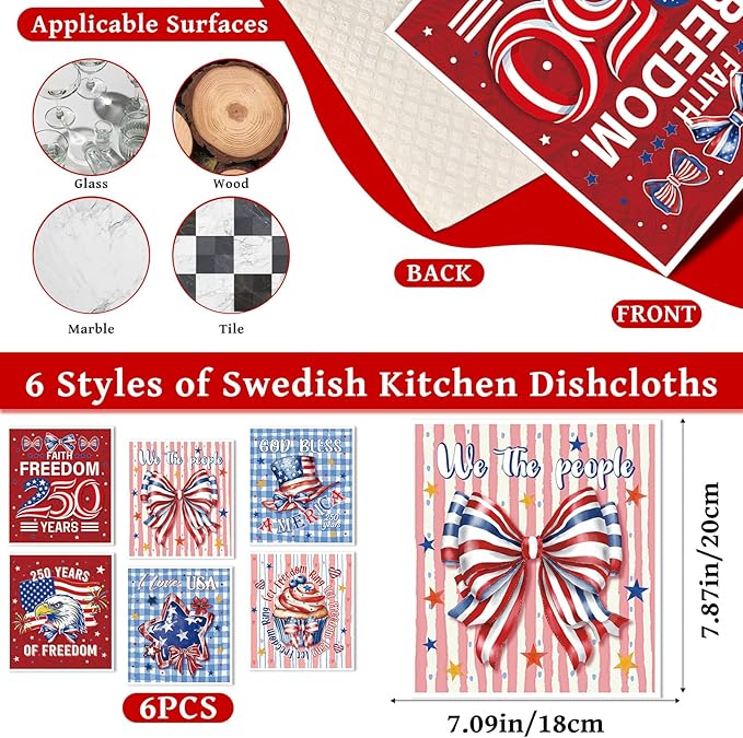 Patriotic Swedish Kitchen Dishcloths, 6 Pack 250th Anniversary USA Dish Cloths Towel, Reusable 4th of July Sponge Cleaning Cloths for Independence Memorial Day Home Decoration Gifts 7 x 8 in