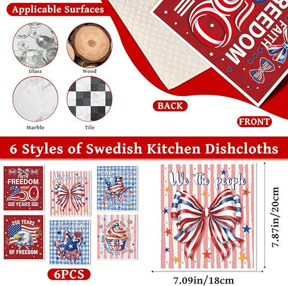 Patriotic Swedish Kitchen Dishcloths, 6 Pack 250th Anniversary USA Dish Cloths Towel, Reusable 4th of July Sponge Cleaning Cloths for Independence Memorial Day Home Decoration Gifts 7 x 8 in