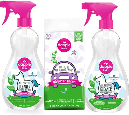 Dapple Baby All Purpose Cleaning Spray and All Purpose Wipes - (2 Pack) 16.9 fl oz Bottle - 30 Cleaning Wipes Total - Fragrance-Free, Hypoallergenic & Plant-Powered - Baby Essentials