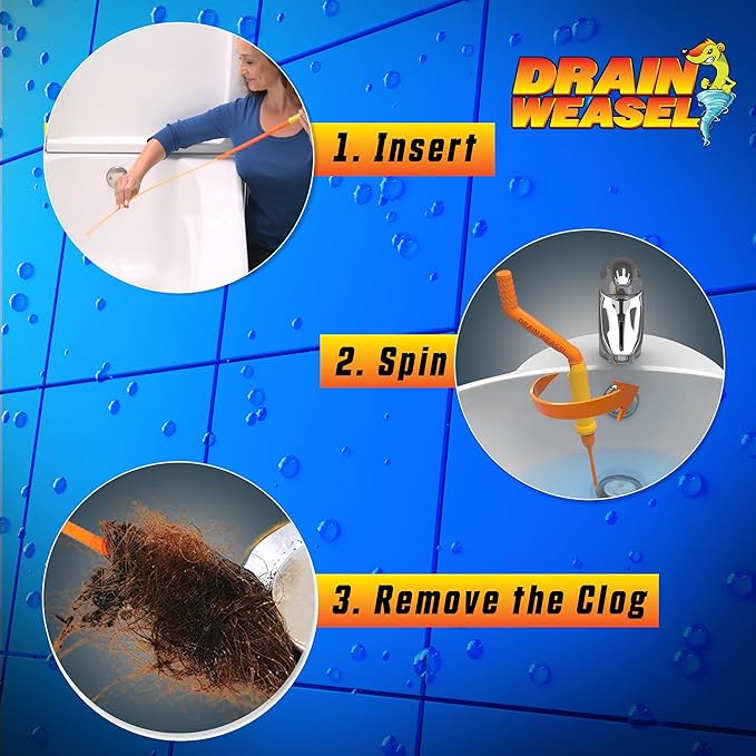 FlexiSnake Drain Weasel Sink Snake Hair Clog Remover Tool, Pipe, Bathroom, Bathtub Drain Cleaner, 30", Made in The USA, 2 Wands and Handle