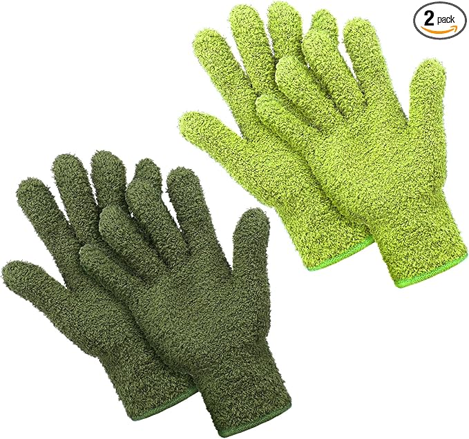 Patelai 2 Pairs Microfiber Gloves for plants Dusting Cleaning Glove Mittens House Cars Blinds Dusting(Olive Drab, Grass Green,Large)