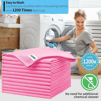 Microfiber Cleaning Cloth, 12 Pack Window Glasses Cleaning Cloth, Reusable Lint-Free Streak Free Polishing Cloth Wipes for Stainless Steel, Eyeglasses, Mirrors, Screens & Lenses,12"*12" Pink