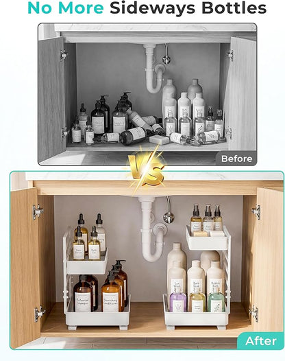 EVERIE Metal Pull Out Slide Shelf Organizer for Framed or Frameless Under Sink CabinetsOrganization in Kitchen, Bathroom, Counter, Cabinets (White, 1 Set)