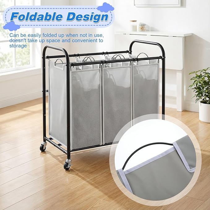 SHENLIU 3 Bag Laundry Sorter Replacement Bags, 21"H×15"L×9"W Large Gray Hamper Cart Removable Laundry Storage Organizer Bag Hamper Liner with 6Pcs Hangers and Carry Handle