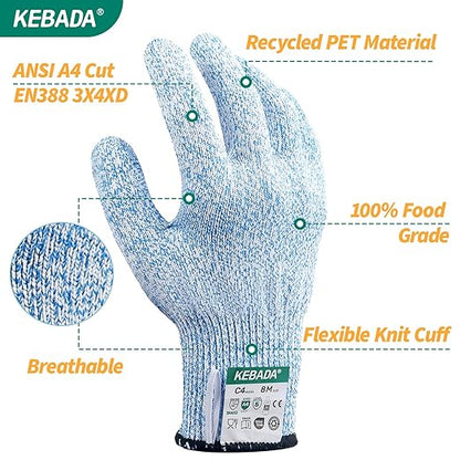 Kebada Cut Resistant Gloves, 100% Food Grade Cutting Gloves, ANSI A4 Level 5 Protection Anti Cut, Glass-Free and Steel-Free, Model C4, 6 Pairs, X-Large