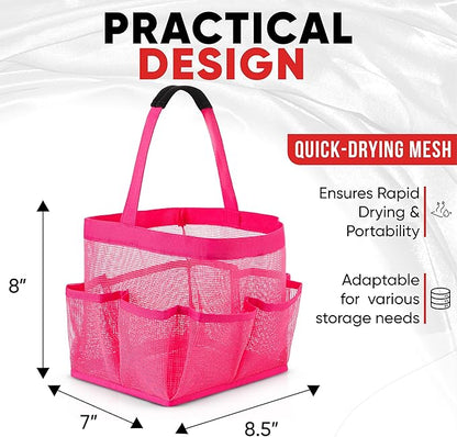 Masirs Shower Caddy Mesh - 9 Pocket Portable Bathroom Organizer Tote for Travel, Gym & Dorm - Collapsible Small Shower Caddy Bag to Hold Toiletries & Essentials (Pink)