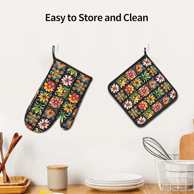 Mexican Oven Mitts and Pot Holders - Colorful Flowers Kitchen Mitt Sets of 2 Boho Oven Gloves Hot Pads for Cooking Baking Grilling