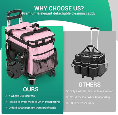 Large Rolling Cleaning Caddy Bag w/Detachable Trolley & Lid - Portable Cleaning Cart on Wheels w/Shoulder Strap & Waist Pouch - Cleaning Supplies & Tool Organizer for Home, Office, Car (Pink)