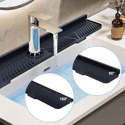 Derlights 33 inch Sink Splash Guard Mat, Silicone Faucet Handle Drip Catcher Tray, Longer Silicone Sink Mat for KitchenBathroom, Drip Protector Splash Countertop (Black)