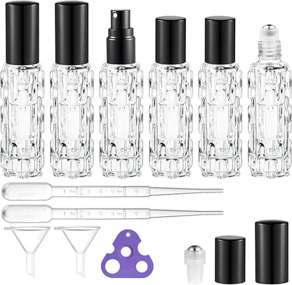 6 Pack Glass Bottles, 3×10ml Roller Bottles & 3×10ml Fine Mist Spray Bottles, Refillable Travel Containers for Essential Oils, Perfume, Liquids (Black Caps)