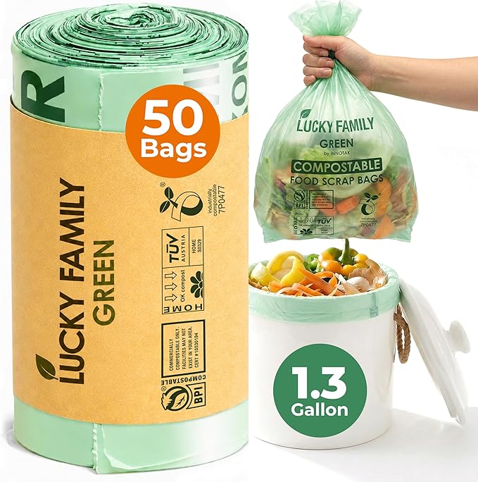 Compostable Trash Bags for Kitchen Compost Bins – 1.3 Gallon Small Compost Bags for Countertop Bin, Green Compostable Bags, BPI Certified ASTM D6400, Leak-Resistant Food Waste Bags (50 Count)