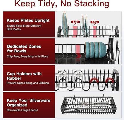 2 Tier Black Dish Drainer Drying Rack for Kitchen Counter, Large Stainless Steel Dishes Dryer with Drainboard, Space Saving, Big Rustproof Metal Modern Countertop Plates Strainer with Utensil Holder
