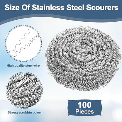 100 Pieces Stainless Steel Scrubber Bulk, 18G Heavy Duty Metal Scouring Pad for Kitchen, Bathroom, Oven, Grill, Pot, Pan Cleaning - Rust Resistant & Reusable