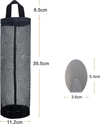 Mesh Garbage Bag Sulimy Plastic Bag Holder Dispensers 2pcs Folding Hanging Storage Trash bags Holders Organizer Recycling Grocery Pocket Containers with 2 Hooks for Home and Kitchen Black