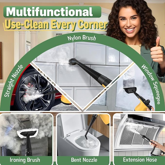 Multi-Surface Pressurized Handheld Steam Cleaner with 11Pcs Accessories, Chemical-Free Portable Steamer for Cleaning, Hand Held Steam Cleaner for Home|Car|Furniture|Floor|Tile|Grout|More