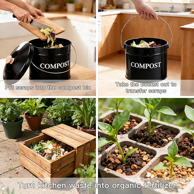 Compost Bin - 1 Gallon Countertop Composter with Lid and Charcoal Filters, Rust Proof Indoor Bucket for Kitchen Food Waste