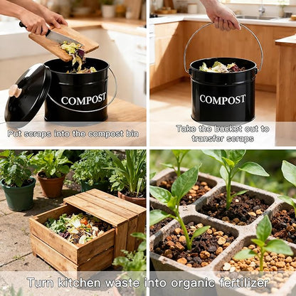 Compost Bin - 1 Gallon Countertop Composter with Lid and Charcoal Filters, Rust Proof Indoor Bucket for Kitchen Food Waste