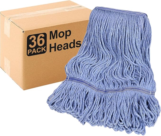 36 Pack Commercial Mop Head Replacement, Heavy Duty Mop Head Commercial Replacement for General and Floor Cleaning, Wet Industrial Blue Cotton Looped End String Head Refill (Blue)