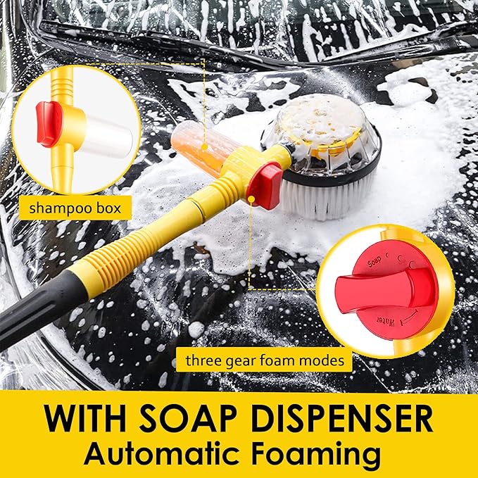 Rotating Car Wash Brush with Soap Dispenser, Automatic Rotary Car Wash Mop Soft Exterior Car Cleaning Brush Kit Garden Hose Flow Through Scrub Brush to Wash Car Truck RV (Long Handle)