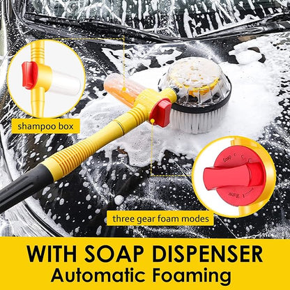 Rotating Car Wash Brush with Soap Dispenser, Automatic Rotary Car Wash Mop Soft Exterior Car Cleaning Brush Kit Garden Hose Flow Through Scrub Brush to Wash Car Truck RV (Long Handle)