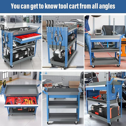 AIRAJ 3 Tier Rolling Tool Cart,Mechanic Tool Cart on Wheels,Industrial Utility Cart with Drawers and Pegboard,440 LBS Capacity Tool Storage Cart for Garage,Warehouse,Blue