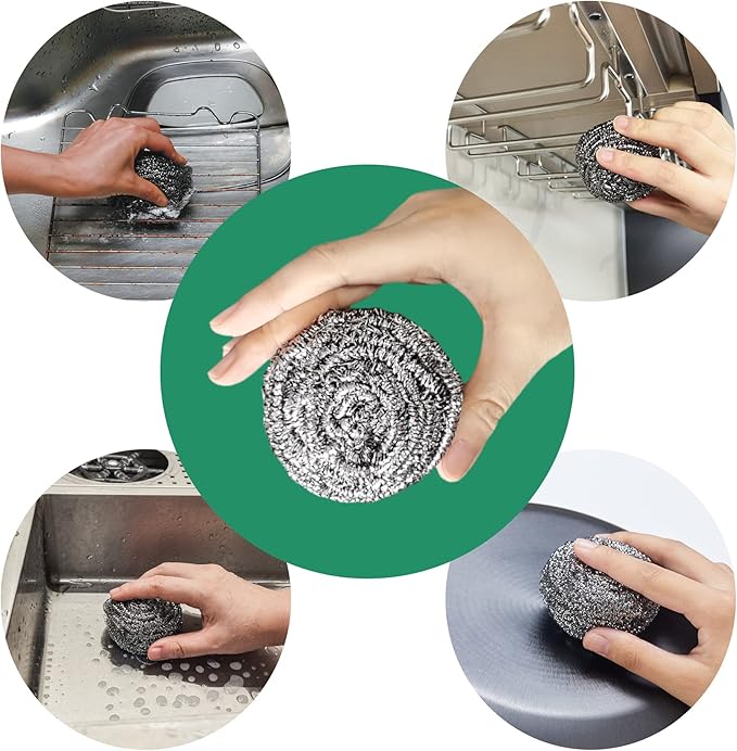 COOLJOB 12 Pack Stainless Steel Scrubber Sponges, Heavy Duty Tough Metal Scouring Pads for Dishes, Pans, Pots, Ovens, Uncoated Cookware, Powerful to Clean Grease Dirt Oil or Rust (Sliver, 25 Grams)