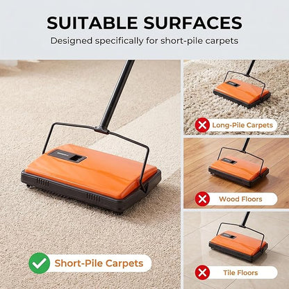 CLEANHOME Manual Carpet Sweeper for Pet Hair - Rotating Brush Floor Sweeper, Lightweight Push Broom for Classroom Rugs, Non-Electric Lint & Crumb Cleaner, Easy-Dump Dustbin, No Batteries Needed