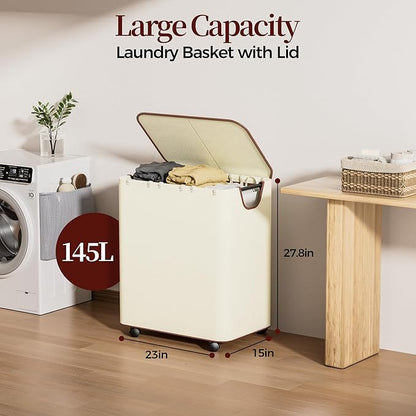 LAMU 145L Laundry Hamper with Wheels, Rolling Laundry Basket with Lid and 3 Removable Laundry Bag, Sturdy Large Capacity 3 Section Dirty Clothes Hamper for Laundry Room, Bedroom, Bathroom, Dorm, Beige