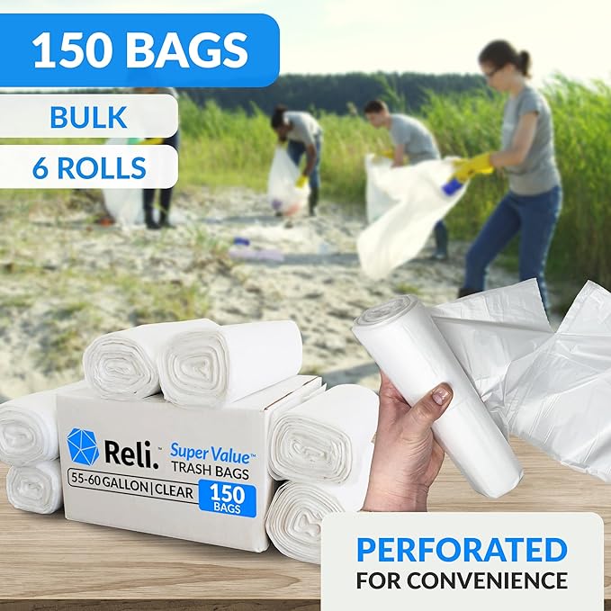 Reli. Easy Grab Trash Bags, 55-60 Gallon (150 Count) (Clear) - Star Seal Super High Density Rolls - Heavy Duty Can Liners, Garbage Bags, Bulk Bags - 50, 55, 60 Gallon Capacity (Pack of 2)