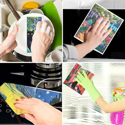 Black Cat Swedish Dishcloths for Kitchen - 6PCS Oil Painting Black Cat Swedish Cloths for Washing Dishes, Cotton Kitten Reusable Dish Towels, Washable Cleaning Sponge Gifts Fast Drying